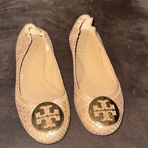Tory Burch Iridescent Pink Gold Logo Ballet Flats